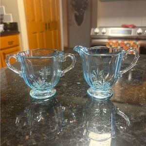 Vintage Sugar & Creamer Set Ice Blue Glass Serve Ware FOSTORIA BAROQUE